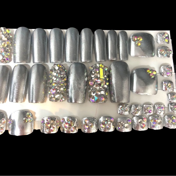 Handmade Custom Press on Nails & Toes Full Sets Square Silver Metallic B… - Picture 8 of 9